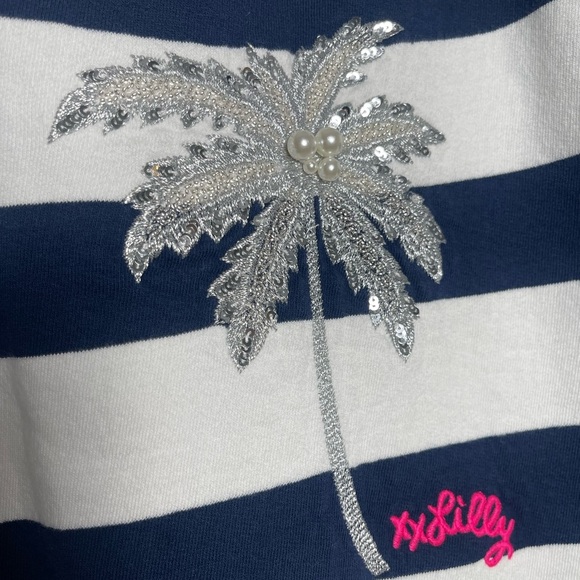 Lilly Pulitzer | Navy White Stripe Ballad Sweatshirt Sequined Palm Tree Beachy - Picture 3 of 7